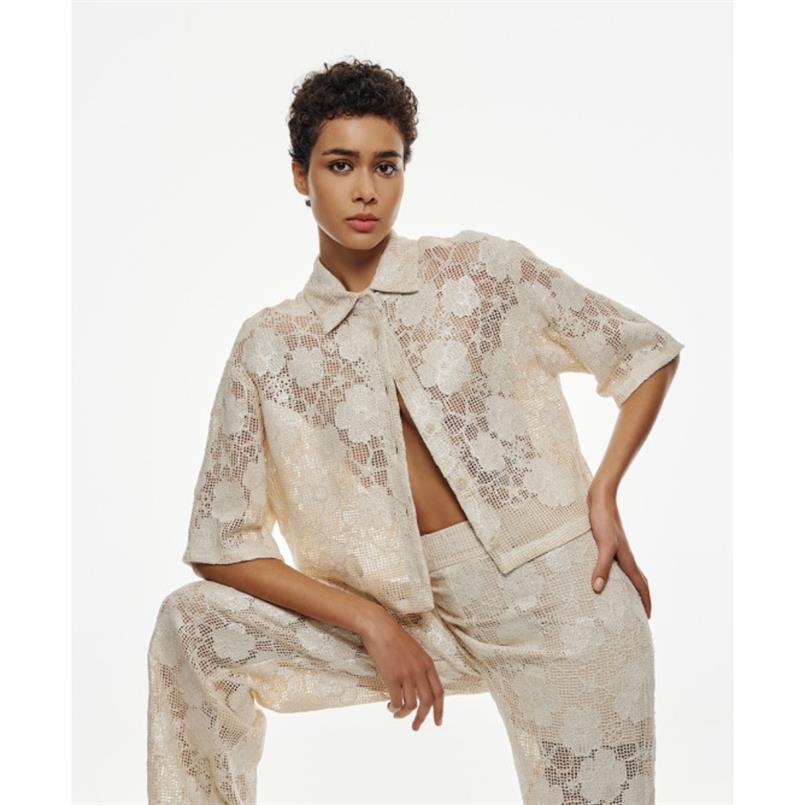 Access Cropped woven floral shirt Beige