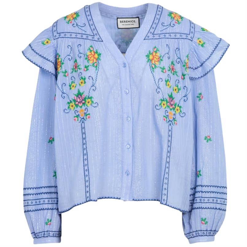 Berenice Chemise ml volants brodee Blauw