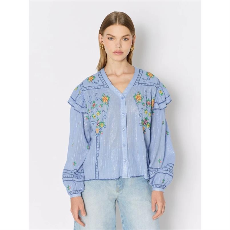 Berenice Chemise ml volants brodee Blauw