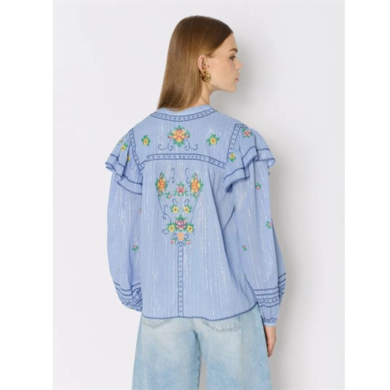 Berenice Chemise ml volants brodee Blauw