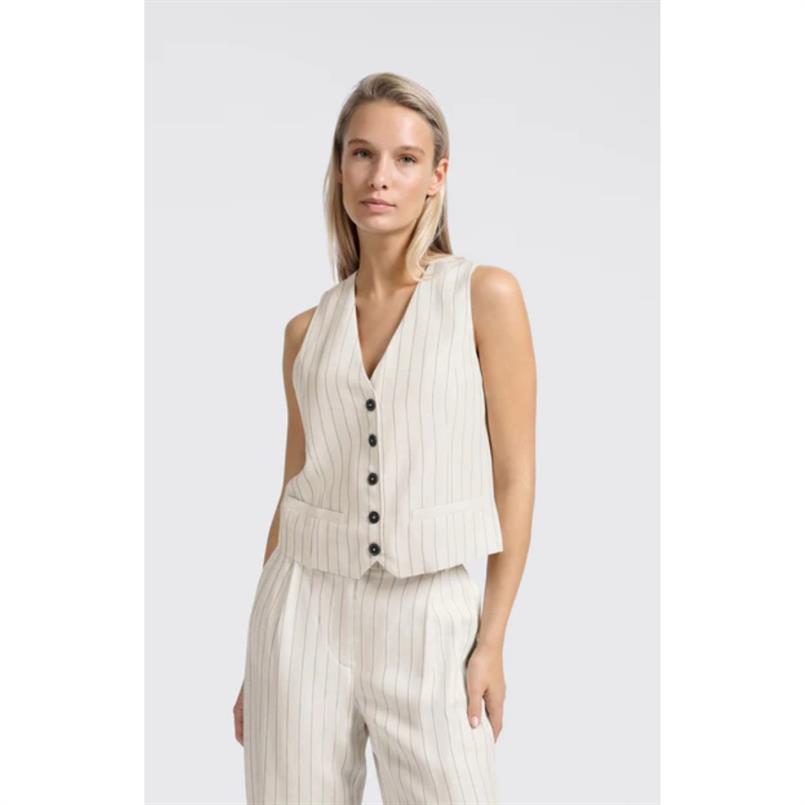 Yaya Linen mix pinstripe gilet Beige