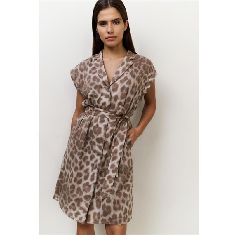 Yaya Printed midi dress with belt Bruin dessin