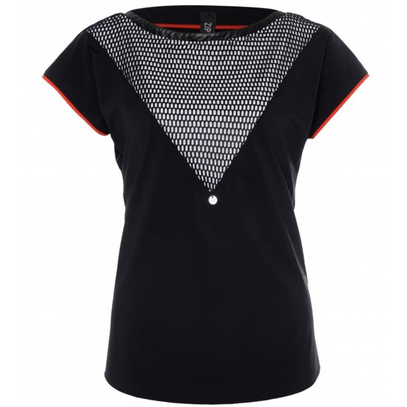 Zip73 Top boatneck mesh black Zwart
