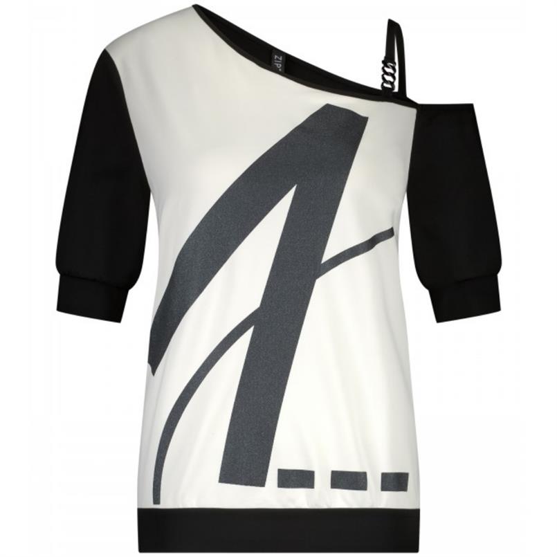 Zip73 Top one shoulder black/white Zwart dessin