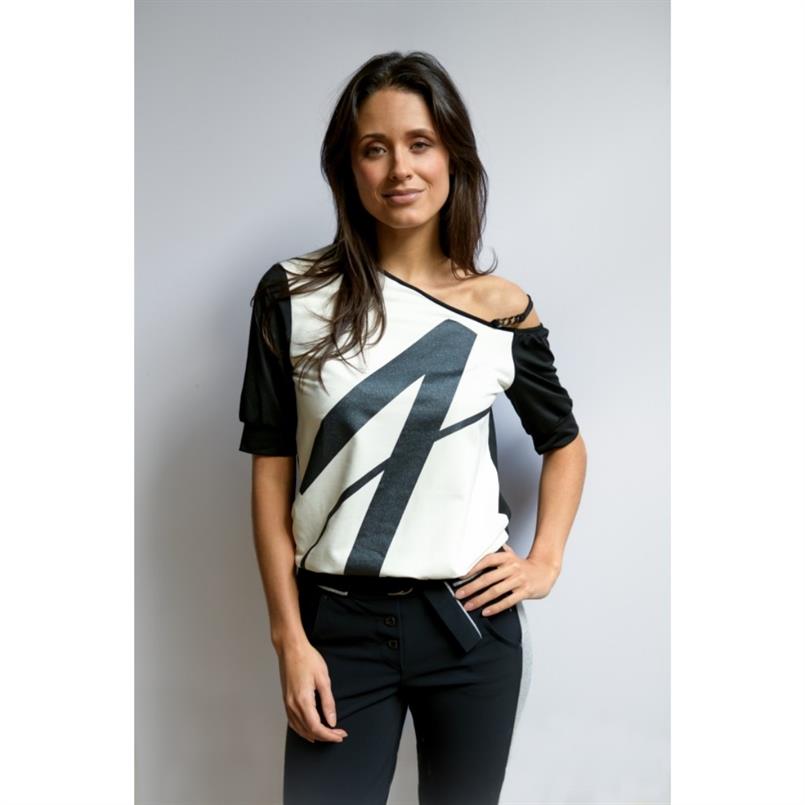 Zip73 Top one shoulder black/white Zwart dessin