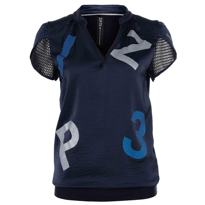 Zip73 Top tulip sleeve mesh navy Donkerblauw